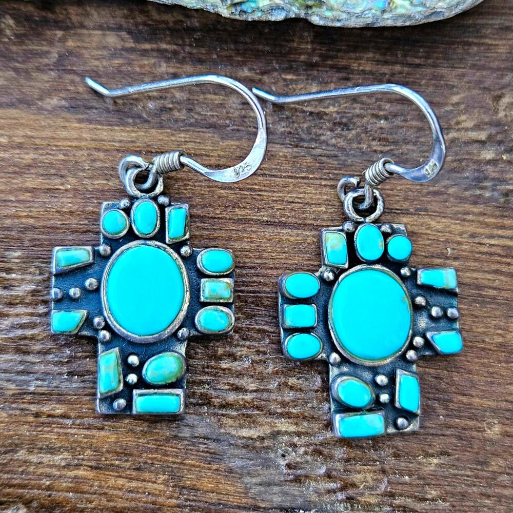 Southwestern 925 Sterling Silver Turquoise Cross Earrings Vintage Boho Cowgirl